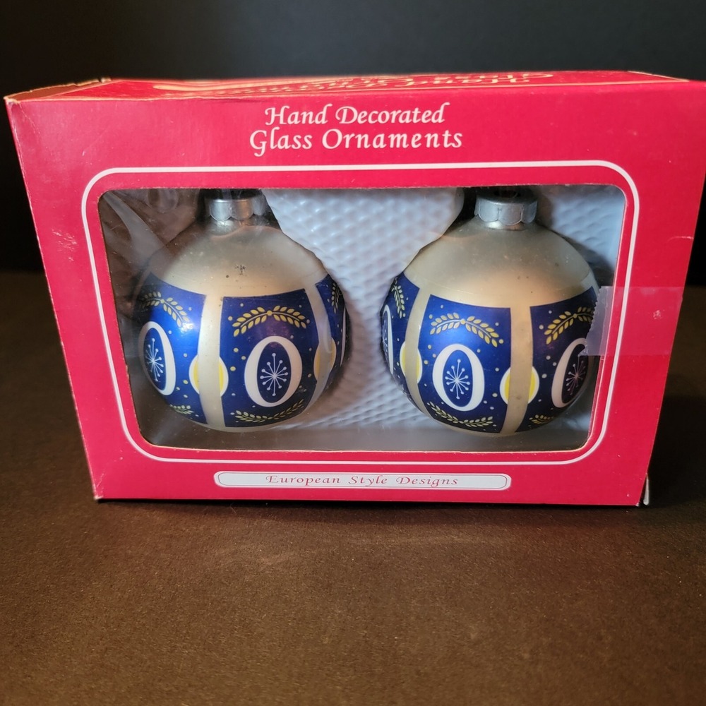 2 Vtg Christmas Glass Ball ORNAMENTS Blue Shrink Wrap centers